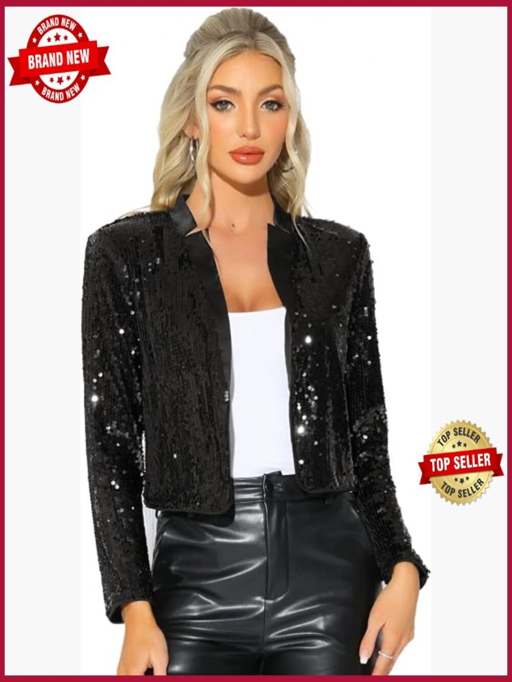 Sequin Crop Blazer Long Sleeve Open Front Sparkle Jacket Party